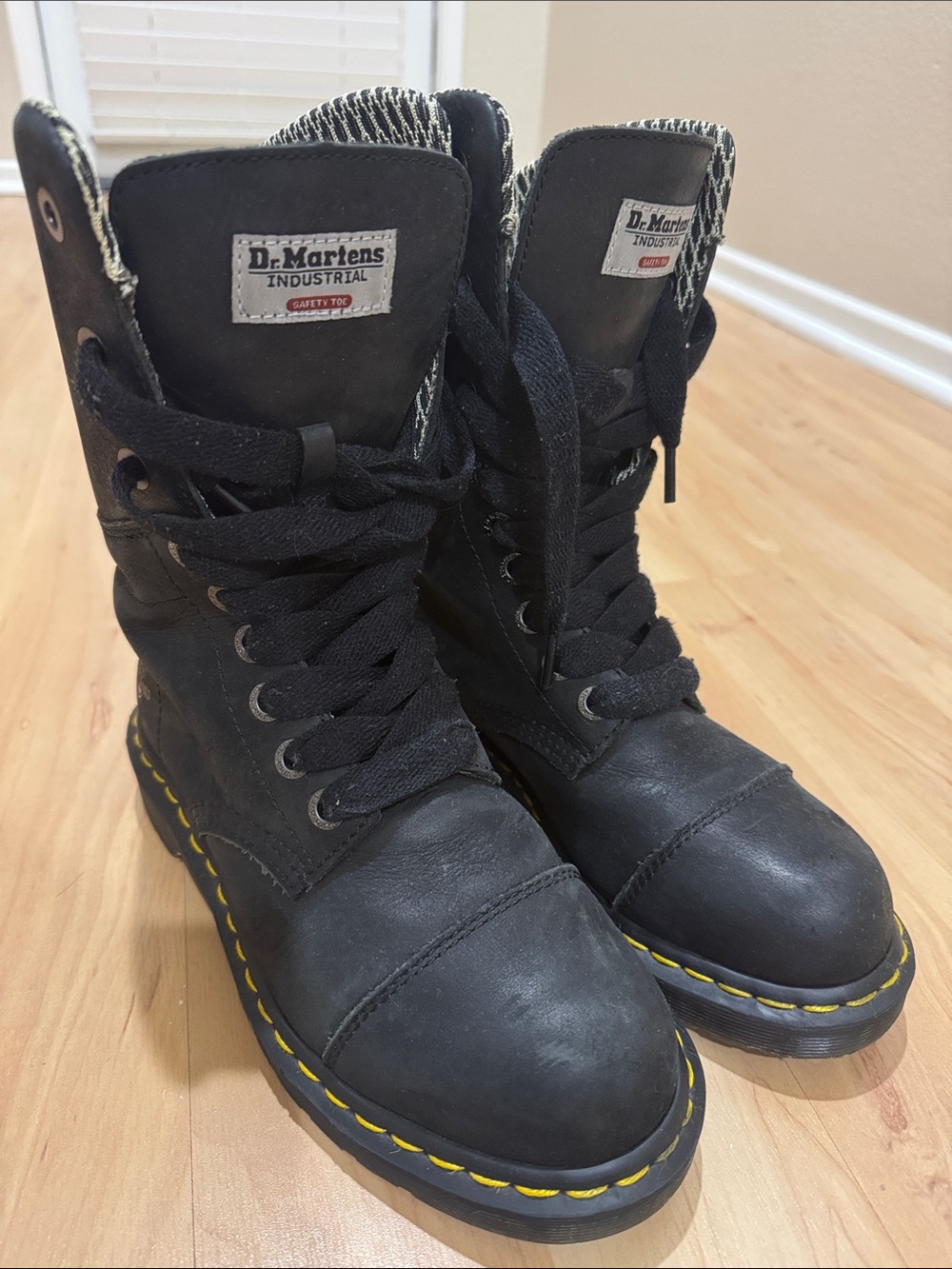 Dr. Martens Black Lace-Up Industrial Boots with Yellow Stitching